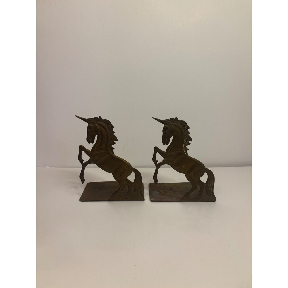 VTG Brass Unicorn Bookend Aged Patina Embossed 1970s with wide base plate